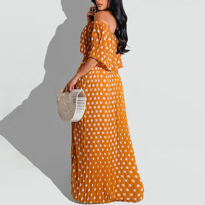 Polka Dot Print Off Shoulder Short Sleeve Maxi Dress