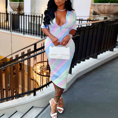 Striped Deep V-Neck Short Sleeve Midi Dress