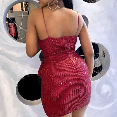 Sequins Deep V-Neck Sleeveless Ruched Mini Dress
