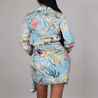 Floral Print V-Neck Long Sleeve Belted Shirt Dress