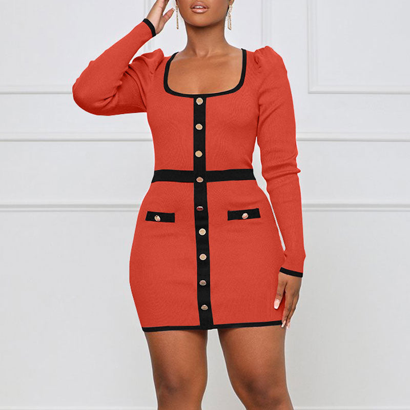 Colorblock Square Neck Long Sleeve Button Detailed Bodycon Dress