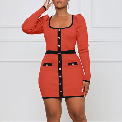 Colorblock Square Neck Long Sleeve Button Detailed Bodycon Dress