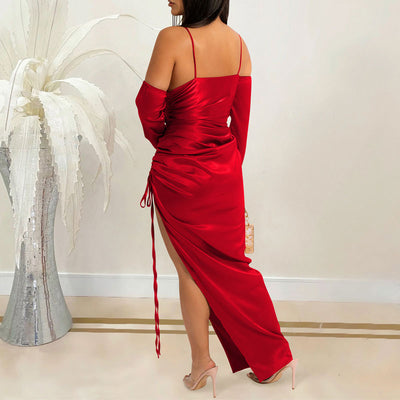 Solid Cold Shoulder Long Sleeve Spaghetti Strap Drawstring Dress