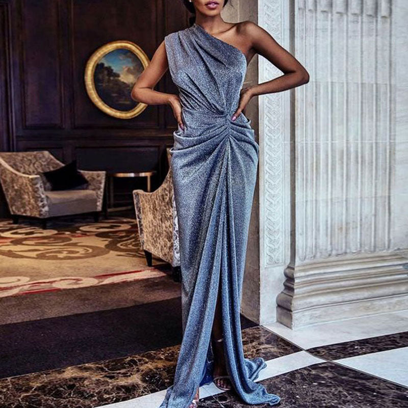 Glitter Oblique Shoulder Sleeveless Ruched High Slit Dress