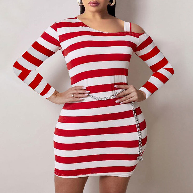 Striped Pattern Long Sleeve Cold Shoulder Plus Size Bodycon Dress