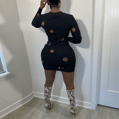 Solid Long Sleeve Hollow Out Bodycon Dress