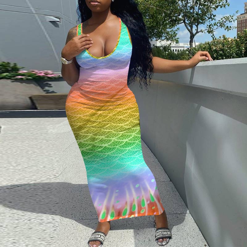 Gradient Color Sleeveless Fishtail Maxi Dress