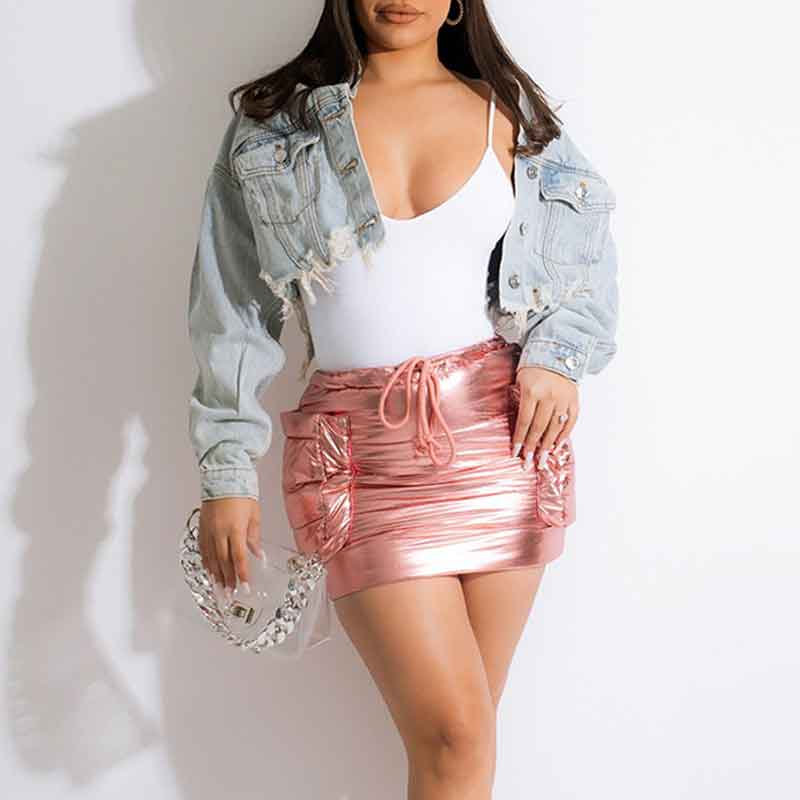 Letter Figure Print Long Sleeve Cut Out Denim Coat