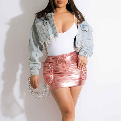 Letter Figure Print Long Sleeve Cut Out Denim Coat