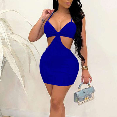 Solid Deep V-Neck Sleeveless Spaghetti Strap Bodycon Dress