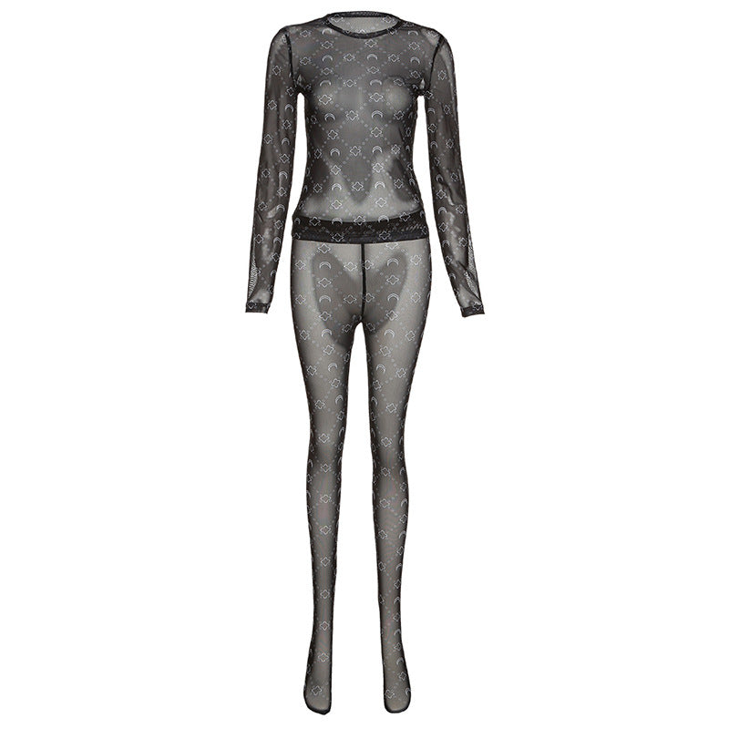 Print Long Sleeve Sheer Mesh Top & Pants Set
