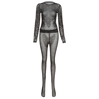 Print Long Sleeve Sheer Mesh Top & Pants Set