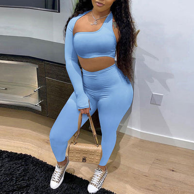 Solid One Shoulder Cut Out Crop Top & Pants Set