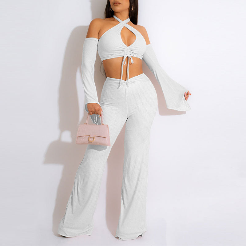 Solid Cold Shoulder Cut Out Crop Top & Wide Leg Pants Set