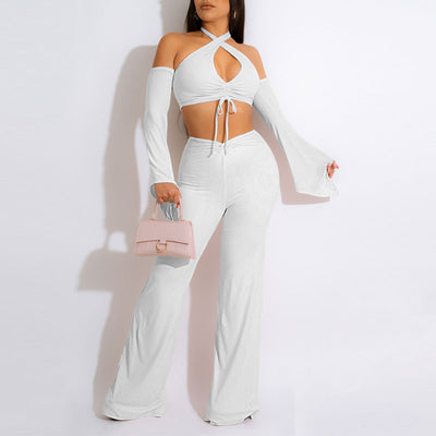 Solid Cold Shoulder Cut Out Crop Top & Wide Leg Pants Set