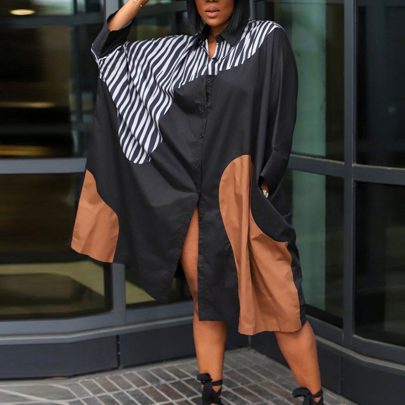 Print Batwing Long Sleeve Pocket Design Loose Shirt Dress