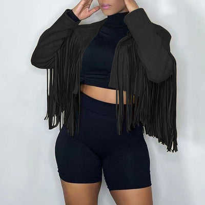 Solid Long Sleeve Tassel Design Coat