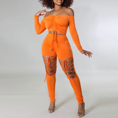 Solid Off Shoulder Long Sleeve Crop Top & Hollow Out Pants Set