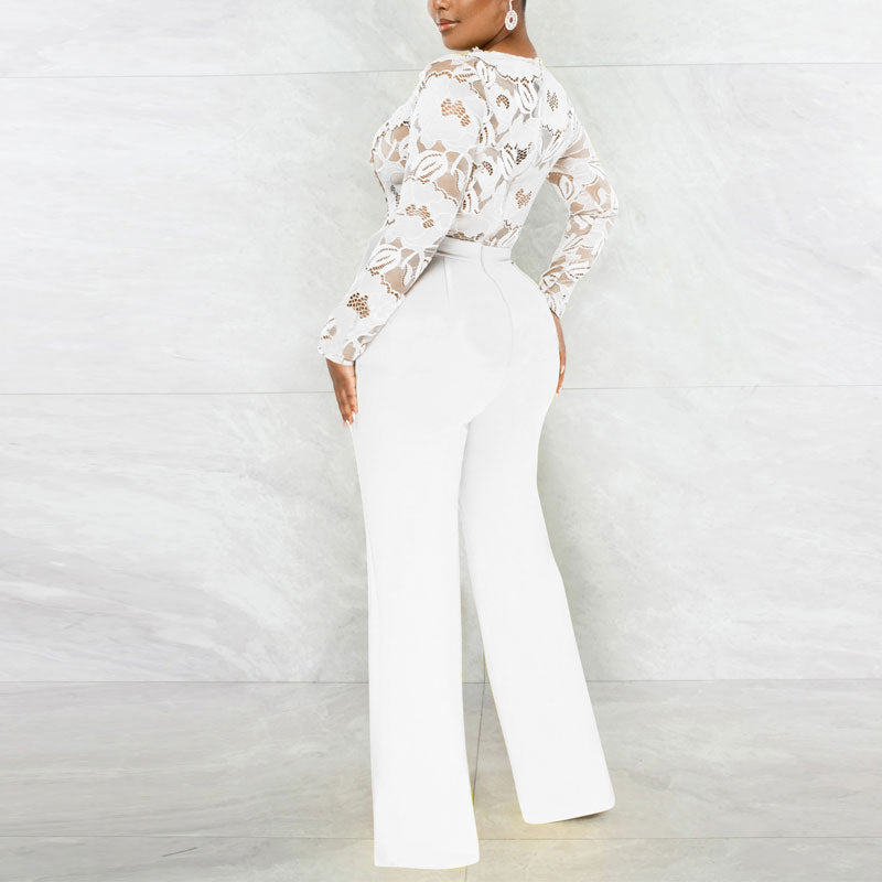 Solid V-Neck Long Sleeve Lace Belted Jumpsuit