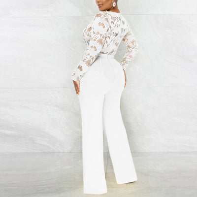 Solid V-Neck Long Sleeve Lace Belted Jumpsuit