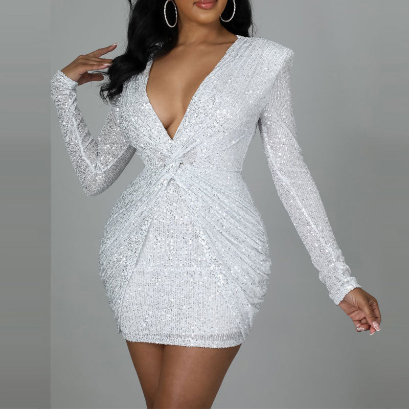 Sequins Deep V-Neck Long Sleeve Ruched Mini Dress