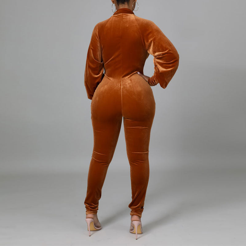 Solid Lantern Sleeve Zipper Design Sheer Mesh Jumpsuit
