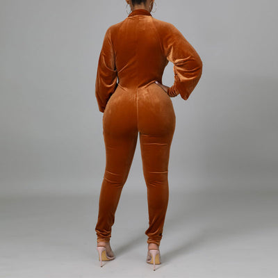 Solid Lantern Sleeve Zipper Design Sheer Mesh Jumpsuit
