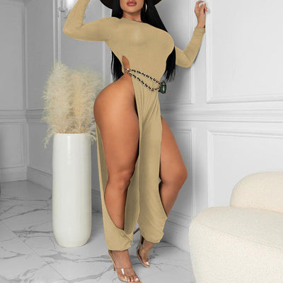 Solid Long Sleeve High Slit Jumpsuit