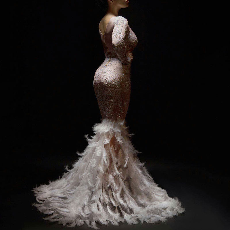 Rhinestone Long Sleeve Sheer Mesh Feather Design Floor-Length Evening Dress