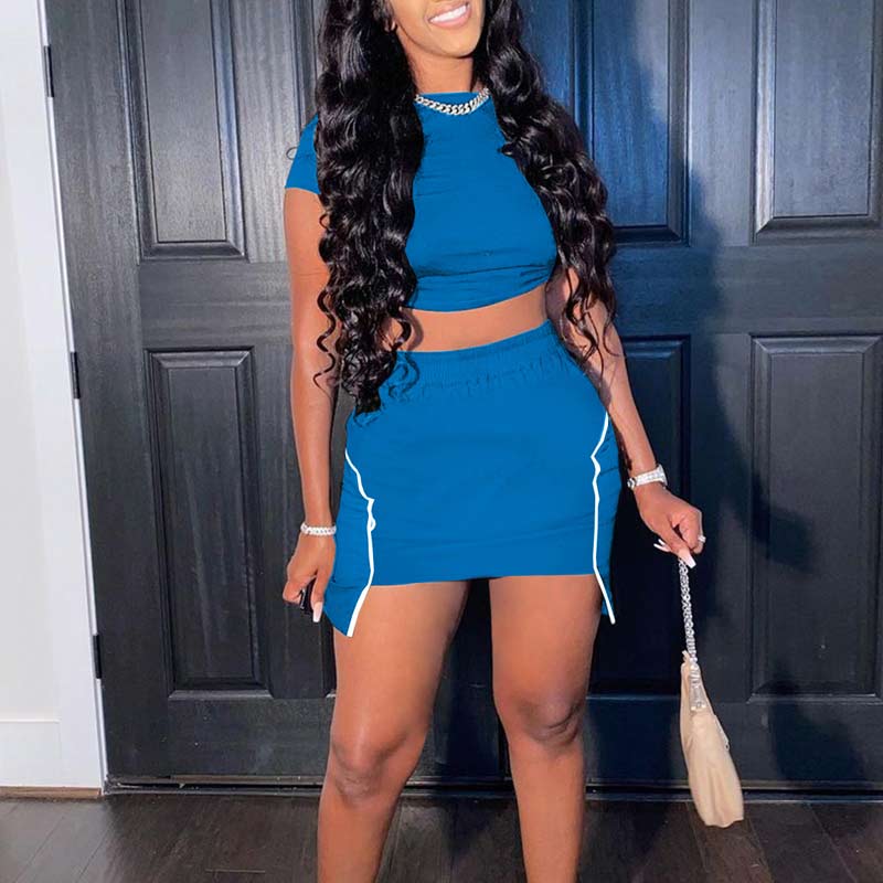 Solid Short Sleeve Crop Top & Skirt Set