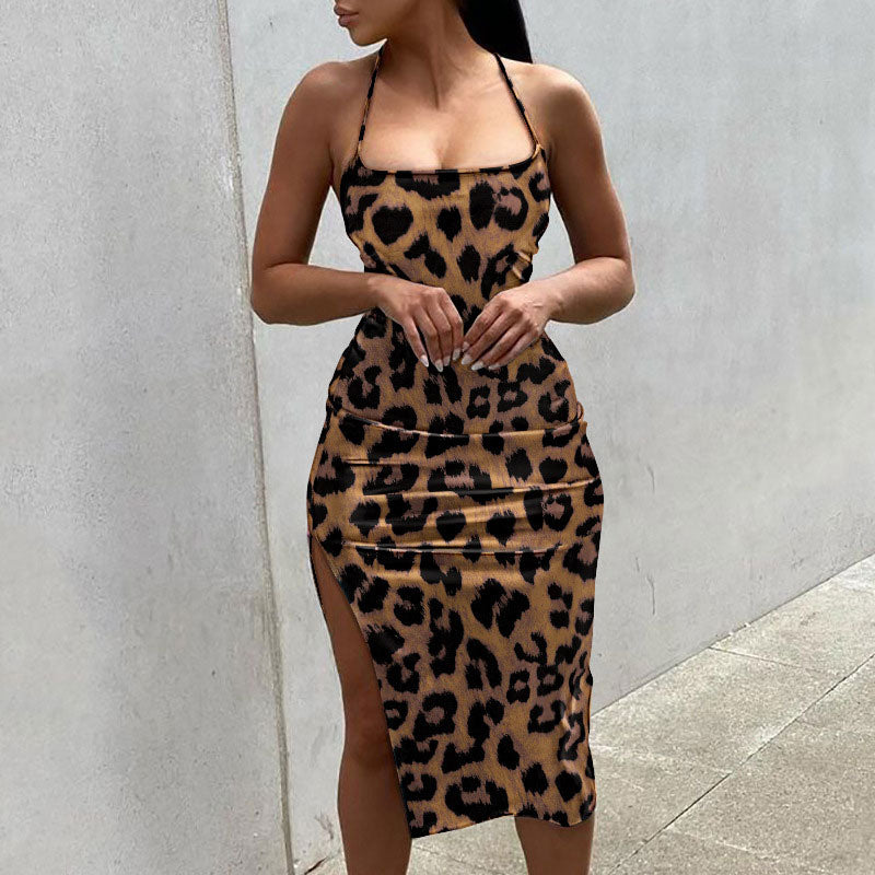 Leopard Print Sleeveless High Slit Midi Dress