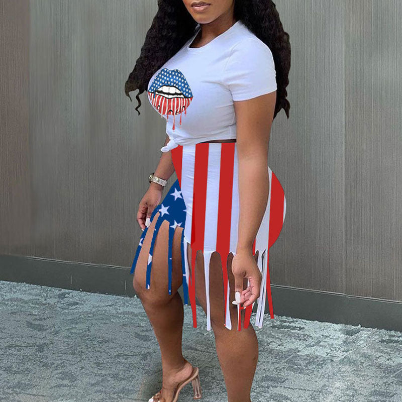 Lips & Flag Print Tassel Design 2PCS Shorts Set