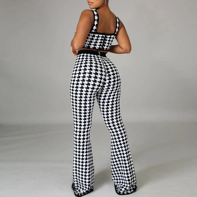 Houndstooth Zipper Design Sling Sleeveless Top & Flared Pants Set