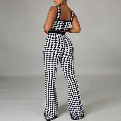 Houndstooth Zipper Design Sling Sleeveless Top & Flared Pants Set