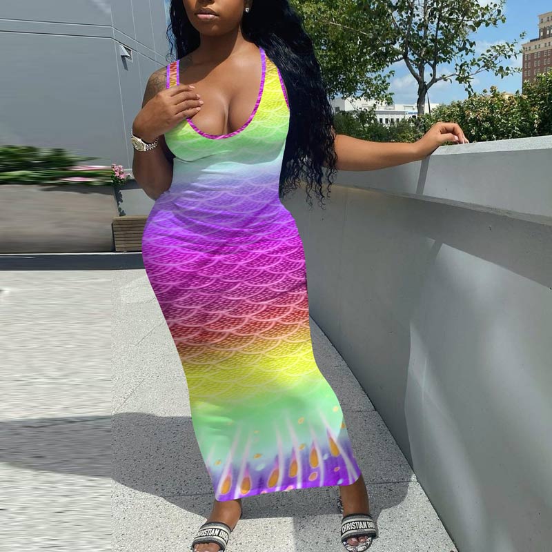 Gradient Color Sleeveless Fishtail Maxi Dress