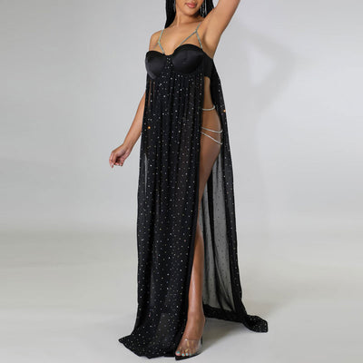 Rhinestone Sleeveless Cut Out Sheer Mesh Bodysuit Dress