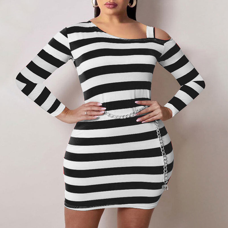 Striped Pattern Long Sleeve Cold Shoulder Plus Size Bodycon Dress