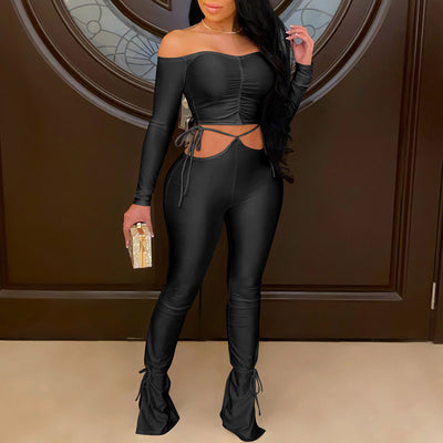 Solid Off Shoulder Long Sleeve Top & Stacket Pants Set