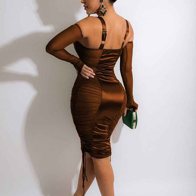 Solid Sleeveless Sheer Mesh Drawstring Midi Dress