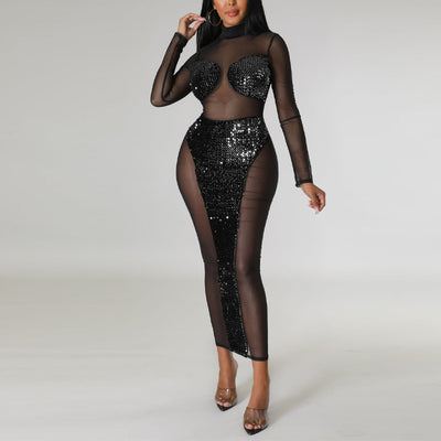 Sequins Long Sleeve Sheer Mesh Maxi Dress
