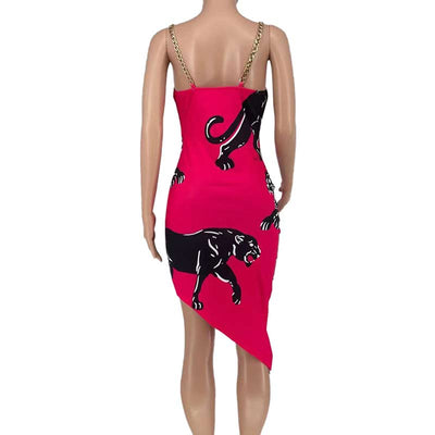 Cheetah Pattern Chains Strap Irregular Bodycon Dress