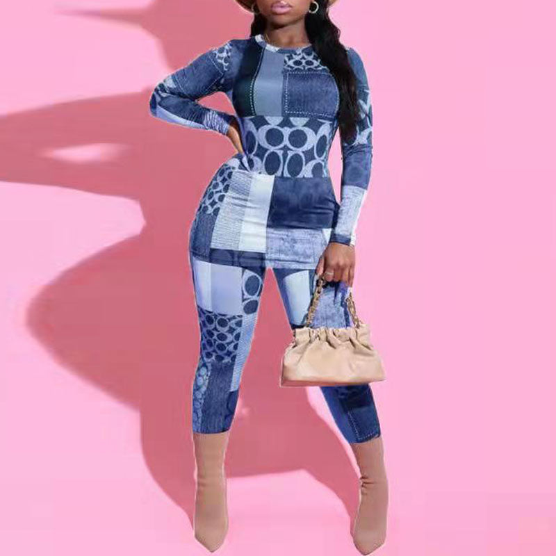 Geometric Print Long Sleeve Two Piece Set