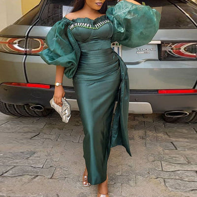 Solid Off Shoulder Lantern Sleeve Ruched Maxi Dress