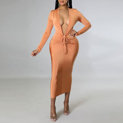 Solid Deep V-Neck Long Sleeve Ruched Midi Dress