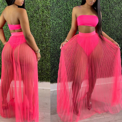 Mesh Pleated Skirt Wrapped Breast Top 3PCS Dress