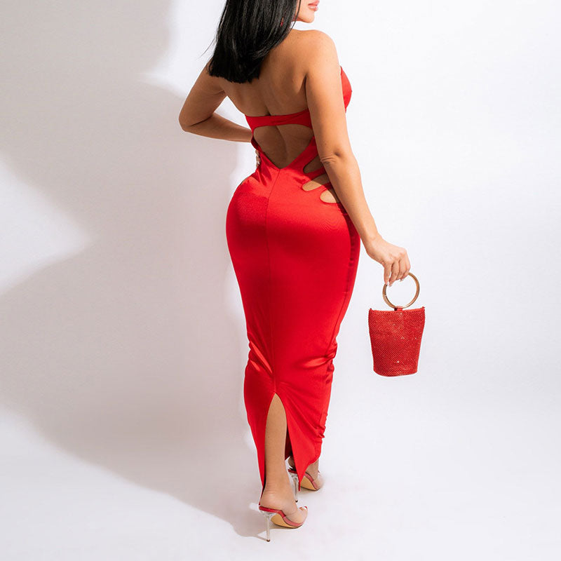 Solid Sleeveless Halter Cut Out Slit Maxi Dress
