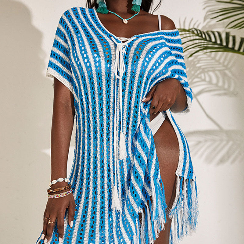 Knitted Hollow Out Tassel Design Beach Cover Up Dress