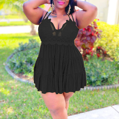 Solid Sleeveless Lace Mini Dress
