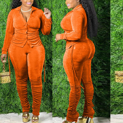 Velvet Long Sleeve Blouse & Ruched Pants Set