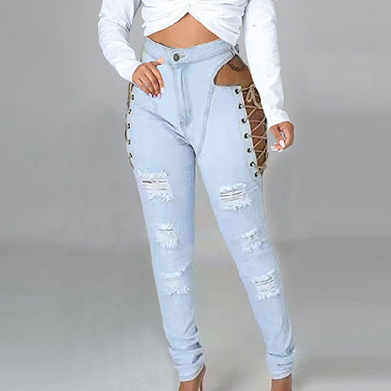 Solid High Waist Lace Up Ripped Jeans
